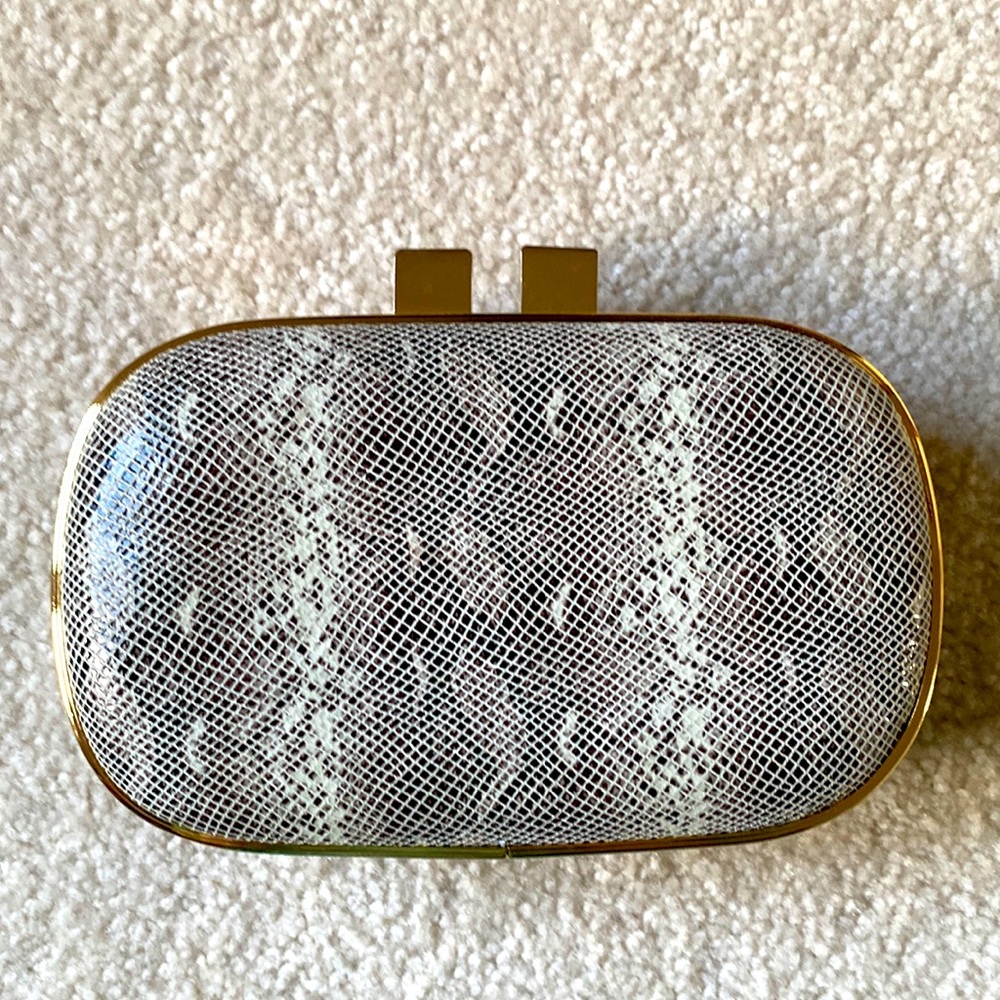 New Gorjana leather animal print minaudiere box clutch with gold hardware
